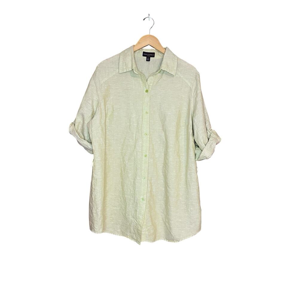 Dana Buchman Green Linen Button Up Shirt 1x Lagenlook Natural Fibers Boho